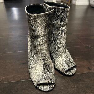 Open toe snakeskin bootie